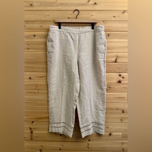 Chicos Size 3/16 Linen Ladder Trim Pull On Cropped Straight Leg Pants Breathable - Picture 1 of 11